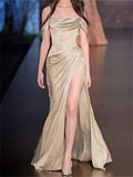 Niulatu A-Line Off The Shoulder Blue Satin Long Prom Dresses Formal Evening Dress SD1391