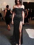 Niulatu A-Line Off The Shoulder Blue Satin Long Prom Dresses Formal Evening Dress SD1391