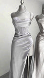 Niulatu A-Line Spaghetti Straps Silver Satin Long Prom Dresses Formal Evening Dress SD1393