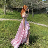 Niulatu A-Line Off The Shoulder Pink Satin Long Prom Dresses Formal Evening Dress SD1394
