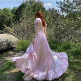 Niulatu A-Line Off The Shoulder Pink Satin Long Prom Dresses Formal Evening Dress SD1394