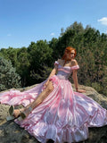 Niulatu A-Line Off The Shoulder Pink Satin Long Prom Dresses Formal Evening Dress SD1394