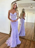 Niulatu Mermaid Sweetheart Lilac Lace Backless Long Party Dress Prom Dresses SD1396