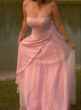 Niulatu A Line Strapless Pink Chiffon Long Party Dress Prom Dresses SD1397