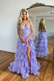 Niulatu A-Line Off The Shoulder Pink Lace Slit Long Prom Dresses Formal Evening Dress SD1398