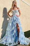 Niulatu A-Line Off The Shoulder Pink Lace Slit Long Prom Dresses Formal Evening Dress SD1398
