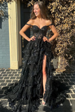 Niulatu A-Line Off The Shoulder Pink Lace Slit Long Prom Dresses Formal Evening Dress SD1398