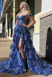 Niulatu A-Line Off The Shoulder Pink Lace Slit Long Prom Dresses Formal Evening Dress SD1398