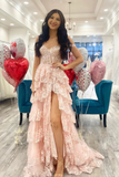 Niulatu A-Line Off The Shoulder Pink Lace Slit Long Prom Dresses Formal Evening Dress SD1398