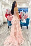 Niulatu A-Line Off The Shoulder Pink Lace Slit Long Prom Dresses Formal Evening Dress SD1398