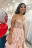 Niulatu A-Line Off The Shoulder Pink Lace Slit Long Prom Dresses Formal Evening Dress SD1398