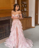 Niulatu A-Line Off The Shoulder Pink Lace Slit Long Prom Dresses Formal Evening Dress SD1398