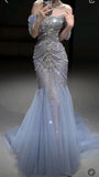Niulatu Mermaid Off The Shoulder Blue Tulle Silver Beads Long Prom Dresses Formal Evening Dress SD1498