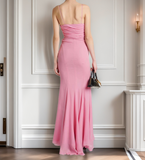 Niulatu Sheath Spaghetti Straps Pink Chiffon Long Party Dress Prom Dresses SD1400