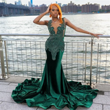 Niulatu Mermaid V Neckline Green Velvet Silver Beads Long Prom Dresses Formal Evening Dress SD1402