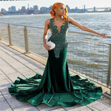Niulatu Mermaid V Neckline Green Velvet Silver Beads Long Prom Dresses Formal Evening Dress SD1402