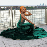 Niulatu Mermaid V Neckline Green Velvet Silver Beads Long Prom Dresses Formal Evening Dress SD1402