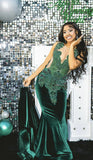 Niulatu Mermaid V Neckline Green Velvet Silver Beads Long Prom Dresses Formal Evening Dress SD1402