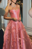 Niulatu Ball Gown Sweetheart Pink Satin Floral Long Prom Dresses Formal Evening Dress SD1404