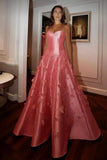 Niulatu Ball Gown Sweetheart Pink Satin Floral Long Prom Dresses Formal Evening Dress SD1404