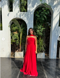 Niulatu A Line Strapless Red Chiffon Long Prom Dresses Formal Evening Dress SD1405
