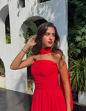 Niulatu A Line Strapless Red Chiffon Long Prom Dresses Formal Evening Dress SD1405