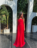 Niulatu A Line Strapless Red Chiffon Long Prom Dresses Formal Evening Dress SD1405