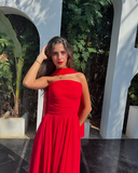 Niulatu A Line Strapless Red Chiffon Long Prom Dresses Formal Evening Dress SD1405
