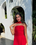 Niulatu A Line Strapless Red Chiffon Long Prom Dresses Formal Evening Dress SD1405