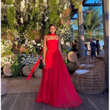 Niulatu A Line Strapless Red Chiffon Long Prom Dresses Formal Evening Dress SD1405
