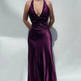 Niulatu purple satin and floor length prom dresses evening gown SD1406