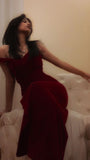 Niulatu Sheath Off The Shoulder Red Velvet Long Prom Dresses Formal Evening Dress SD1407