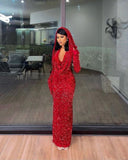 Niulatu Sheath V Neckline Red Sequin Long Prom Dresses Formal Evening Dress SD1409
