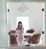 Niulatu Sheath Off The Shoulder Pink Long Sleeves Prom Dresses Formal Evening Dress SD1411