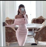 Niulatu Sheath Off The Shoulder Pink Long Sleeves Prom Dresses Formal Evening Dress SD1411