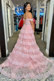Niulatu A-Line Off The Shoulder Pink Lace Slit Long Prom Dresses Formal Evening Dress SD1414