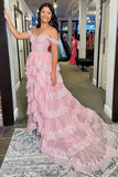 Niulatu A-Line Off The Shoulder Pink Lace Slit Long Prom Dresses Formal Evening Dress SD1414