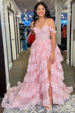 Niulatu A-Line Off The Shoulder Pink Lace Slit Long Prom Dresses Formal Evening Dress SD1414