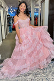 Niulatu A-Line Off The Shoulder Pink Lace Slit Long Prom Dresses Formal Evening Dress SD1414