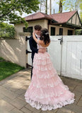 Niulatu A-Line Off The Shoulder Pink Lace Slit Long Prom Dresses Formal Evening Dress SD1414