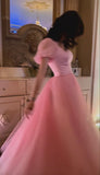 Niulatu A Line Short Sleeves Pink Tulle Long Prom Dresses Formal Evening Dress SD1415