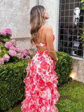Niulatu A Line Spaghetti Straps Floral Red Sleeveless Ruffles Evening Prom Dresses SD1421