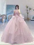 Niulatu Ball Gown Strapless Sleeveless Tulle Pink Evening Prom Dresses SD1422