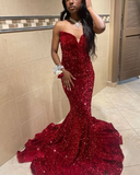 Niulatu Mermaid Sweetheart Neckline Sequin Black Girl Red Evening Gown Prom Dresses SD1430