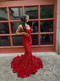 Niulatu Mermaid Sweetheart Neckline Sequin Black Girl Red Evening Gown Prom Dresses SD1430