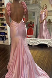 Niulatu Mermaid Straps Neckline Pink Satin Backless Evening Gown Prom Dresses SD1431