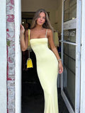 Niulatu Mermaid Spaghetti Straps Yellow Satin Backless Evening Gown Prom Dresses SD1434