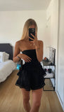 Niulatu A line Strapless Layered Ruffle Mini Dresses Black Homecoming Dress 16th Birthday Dresses SD1436