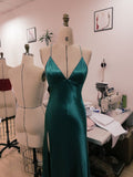 Niulatu Teal Blue Satin V-neck Formal Prom Party Dress with Slit SD1445