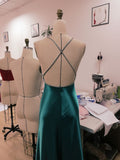 Niulatu Teal Blue Satin V-neck Formal Prom Party Dress with Slit SD1445